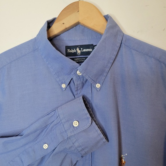 Ralph Lauren Yarmouth Mens Blue Oxford Shirt Sz 17.5 Long Sleeve Pony Preppy Hip - Picture 2 of 13